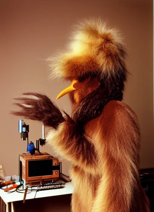 Prompt: realistic photo of a a hairy furry fluffy birdman, very long beak, in a living room sci - fi laboratory with many wooden gadgets made of wood interior is made of wood 1 9 9 0, life magazine reportage photo, natural colors