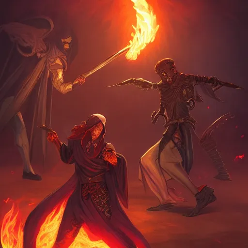 Prompt: a necromancer is fighting a assassins with fire , medium level shot , epic scene, Mucha style , Grim fantasy, illustration ,concept art,