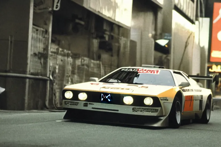 Prompt: single racecar 1 9 7 8 audi quattro, bmw m 1, movie still, vintage footage on tokyo streets, volumetric lighting, f 8 aperture, cinematic eastman 5 3 8 4 film