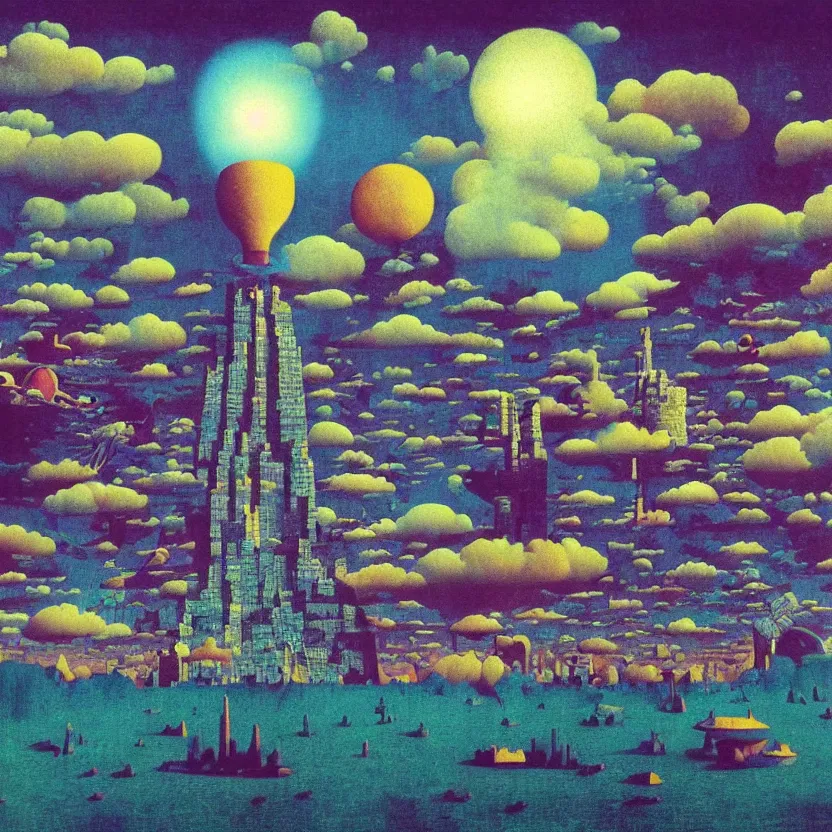 Prompt: surreal glimpse into other universe, mahanakorn tower with airship floating sky, summer morning, very coherent and colorful high contrast, art by! rene magritte! paul klee geof darrow, volumetric lighting, cinematic, floralpunk screen printing woodblock, dark shadows, hard lighting, stipple brush