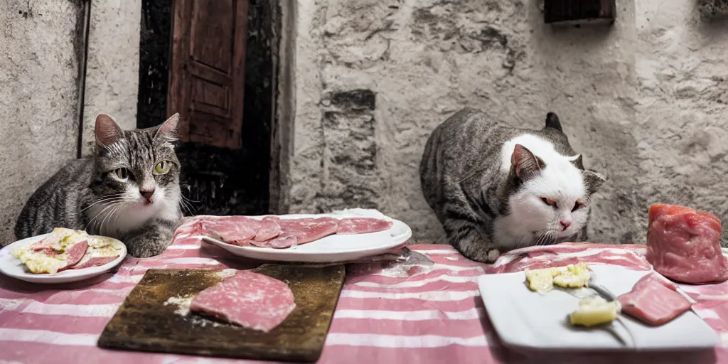 Image similar to photography of a cat eating mortadella at trullo house, photoreal, 3 5 mm, award winning photography