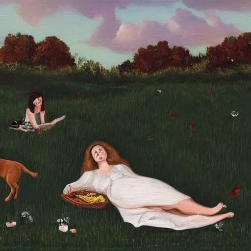 Prompt: an oil painting of a white pale woman lying on her side on a picnicking blanket surrounded by grass and sleeping dogs