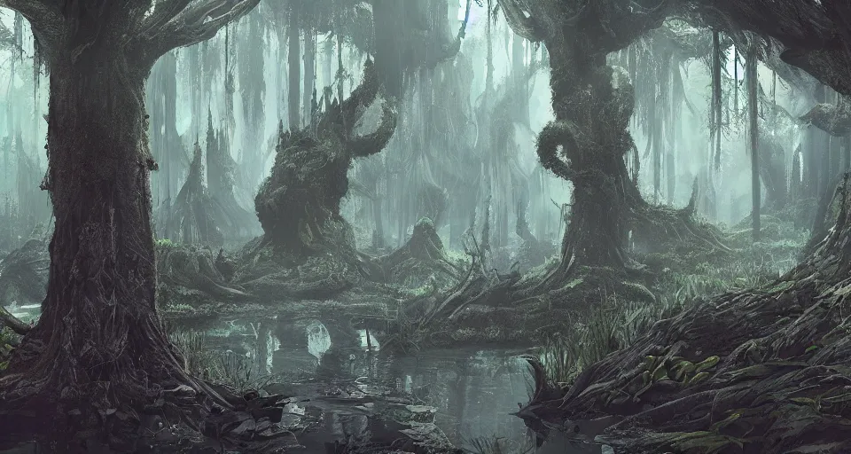 Prompt: A dense and dark enchanted forest with a swamp, by Disney Concept Artists