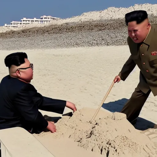 Prompt: kim jong un building sandcastle at the beach