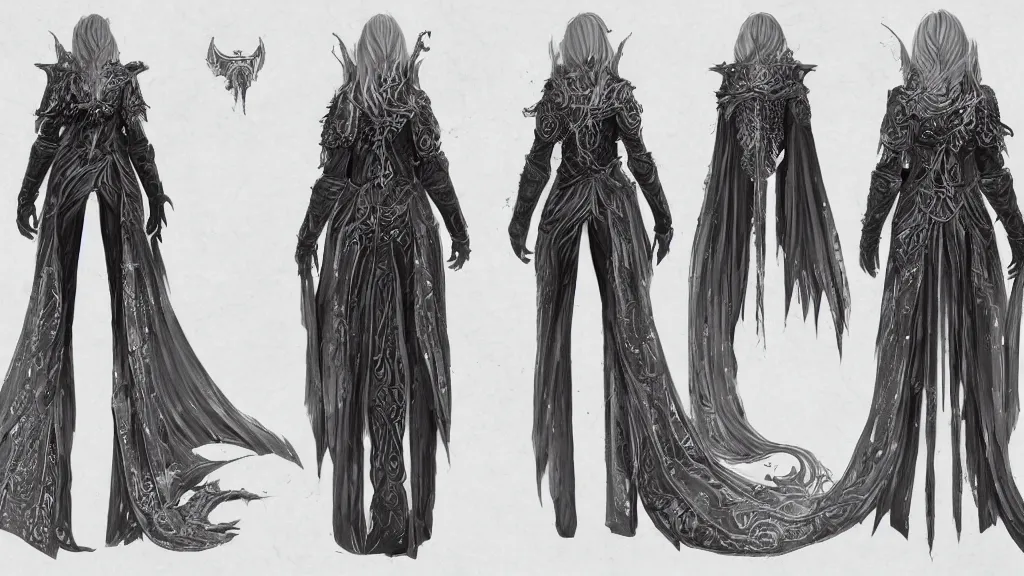 Image similar to concept art sheet, photorealistic symmetrical beautiful young female priestess with shiny hair wearing full intricate clothing, intricate, cg society, Elden Ring, darksouls, bloodborne