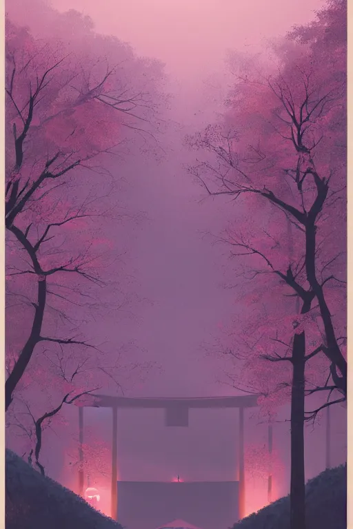 Image similar to Japanese Torii in the center of the picture , torii in a moutain with trees ,night , by Grzegorz Rutkowski, concept art, pink scheme,horizontal symmetry