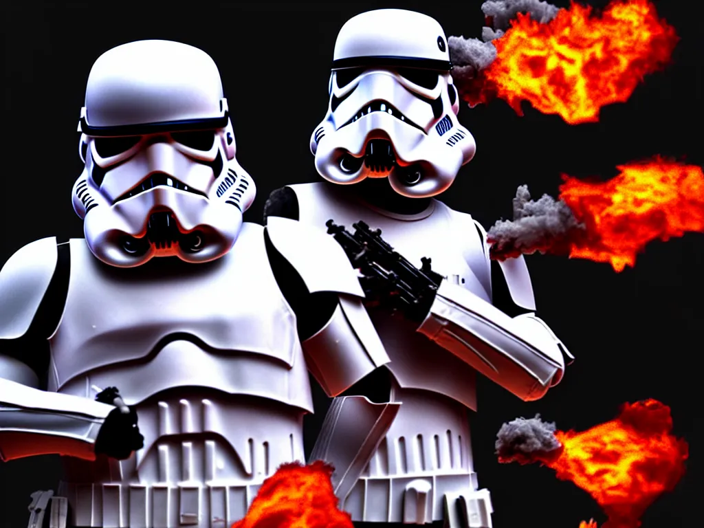 Image similar to storm trooper in a battle, smoke, fire, explosions, chrome, shiny, reflective, metallic, 3 d render, realistic, hdr, stan winston studios, dramatic lighting, flame colors bright,