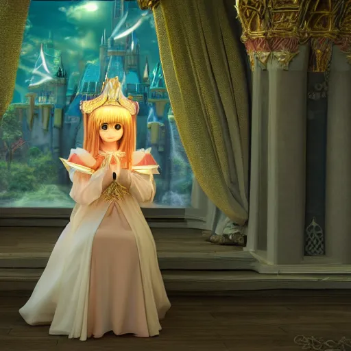 Image similar to a very detailed, ultra-realistic, pleasant, beautiful, funny, smooth 3D CG render, semirealistic anime style, close-up of a gorgeous, cute, gentle, noble priestess magician princess girl wearing dress and jewelry, in a glorious magic kingdom with castle and walls, relaxing calm vibes, fairytale, octane render