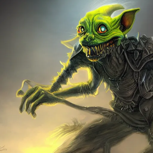 Prompt: a highly detailed goblin with grey skin and blue eyes that glow, with a windy background, like magic the gathering, goblin chainwalker,, digital art, by christopher rush