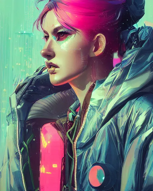 Image similar to detailed side profile portrait Neon Operator Girl, cyberpunk futuristic neon, reflective puffy coat, decorated with traditional Japanese ornaments by Ismail inceoglu dragan bibin hans thoma greg rutkowski Alexandros Pyromallis Nekro Rene Maritte Illustrated, Perfect face, fine details, realistic shaded, fine-face, pretty face