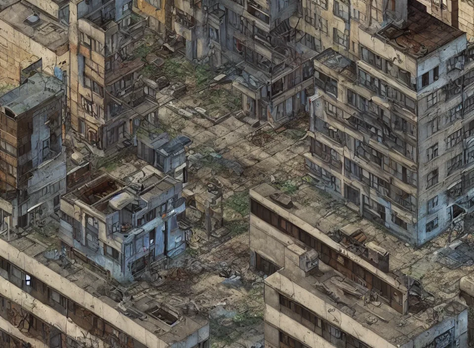 Prompt: Screenshot of an outside of an abandoned and rusty Polish apartment building in Fallout 2 (1998), isometric perspective, postapocalyptic, bird's eye view, prerendered isometric graphics, high quality