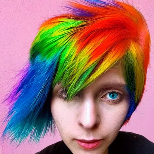 Prompt: a little bird, edgar haircut, rainbow colored hair