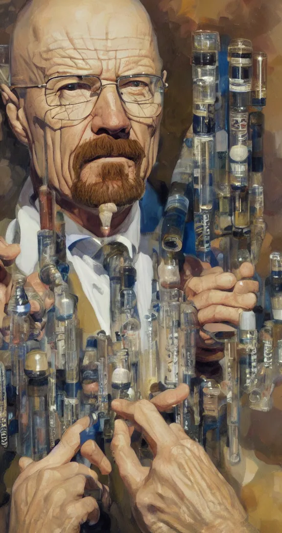 Image similar to a highly detailed beautiful portrait of walter white surrounded by test tubes, by gregory manchess, james gurney, james jean