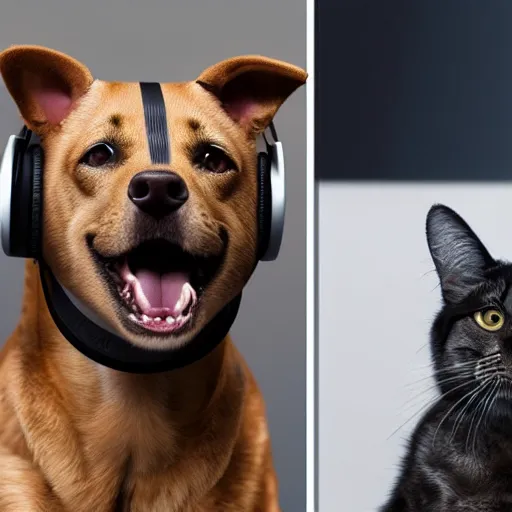 Image similar to a photorealistic dog and cat wearing headphones smiling, 8 k resolution, studio lighting, highly detailed, hyperrealism, realistic