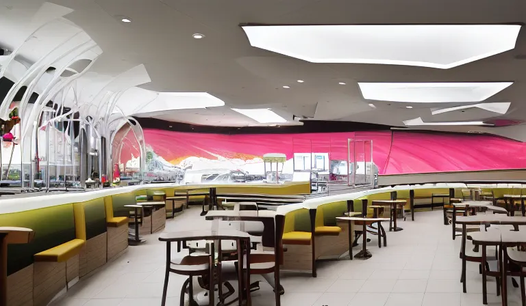 Image similar to The interior of a McDonalds designed by Zaha Hadid, 35mm film, long shot