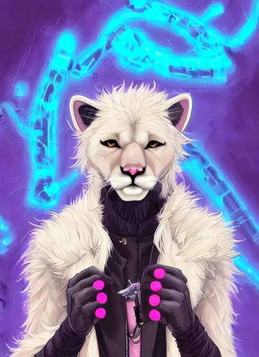 Image similar to award winning beautiful portrait commission of a male furry anthro albino mountain lion fursona with a tail and a cute beautiful attractive detailed furry face wearing stylish black, blue, and pink cyberpunk clothes in a cyberpunk city at night while it rains. Character design by charlie bowater, ross tran, artgerm, and makoto shinkai, detailed, inked, western comic book art