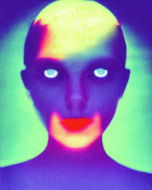 Prompt: cut and paste, serene robotic woman's face, sharp bob hair, dark makeup, violet and yellow and green and blue lighting, polaroid photo, 1 9 8 0 s, atmospheric, whimsical and psychedelic, grainy, expired film, super glitched, corrupted file, ghostly, bioluminescent glow, sci - fi, twisty