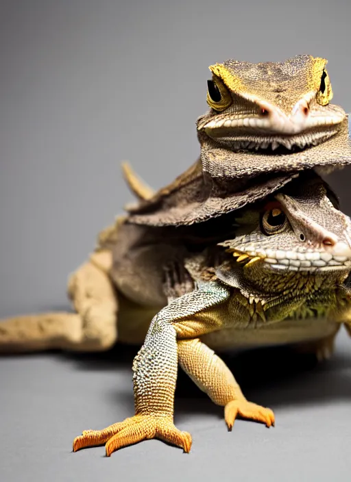 Image similar to dslr portrait still of a bearded dragon wearing a top hat and bow time, 8 k 8 5 mm f 1. 4