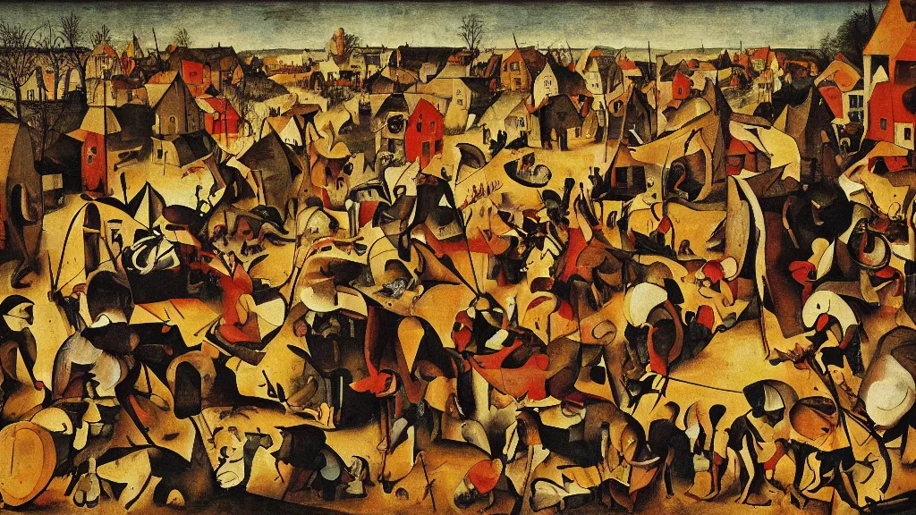 Image similar to abstract primitivism minimalism art painting, lines, forms, shapes, in style of pieter bruegel the elder