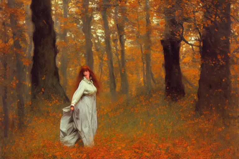 Prompt: how i wish i could see the autumn, when the leaves start to turn to the color of your hair, oil on canvas, portrait of a beautiful woman with long wavy hair colored autumn leaves, in a forest in autumn, by jeremy lipking, john singer sargent