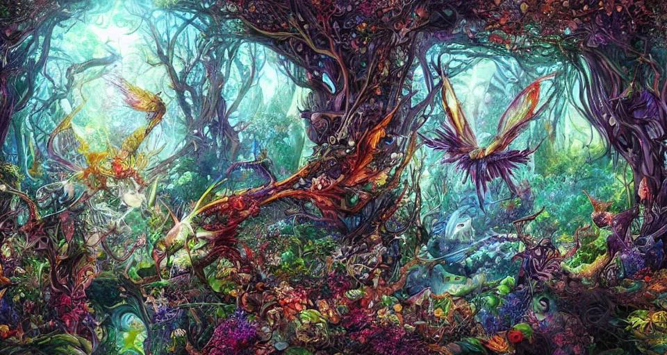 Prompt: Enchanted and magic forest, by Android jones,