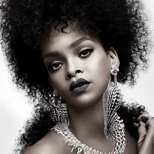 Image similar to sultry rhianna with a curly afro, cinematic pose, intricate hair details, jewellery, big hooped earrings, long nails, off the shoulder shirt, soulful, pouty lips, real life details, soft shadows, sharp focus, volumetric lights, rim light, model, beautiful, gorgeous