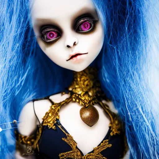 Image similar to lovely realistic ball jointed high end blue gold vampire doll with fashion and cute accessories, inside gothic doll manor bedroom, god rays, dust particles, photorealistic, aesthetic shot, worms eye view, macro camera lens, high definition, thematic, cinematic, lens flare
