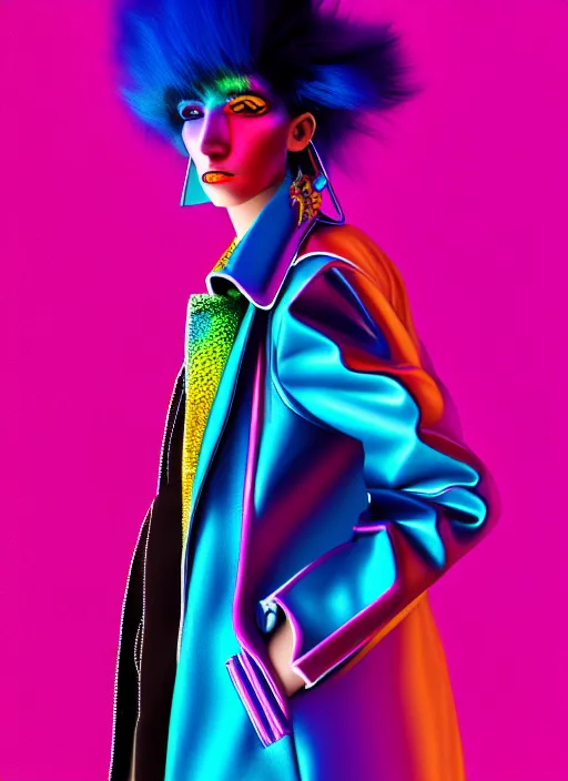 Image similar to stylish coat for a rave, bright colors, many details, prints, photo for a magazine, photo for a store, fashion photography, Vogue, 135 mm, cinematic, hyper realism, high detail, octane render, 8k, chrome accents, very coherent symmetrical artwork, perfect face model, full length photo, Upper and lower body, even skin tone