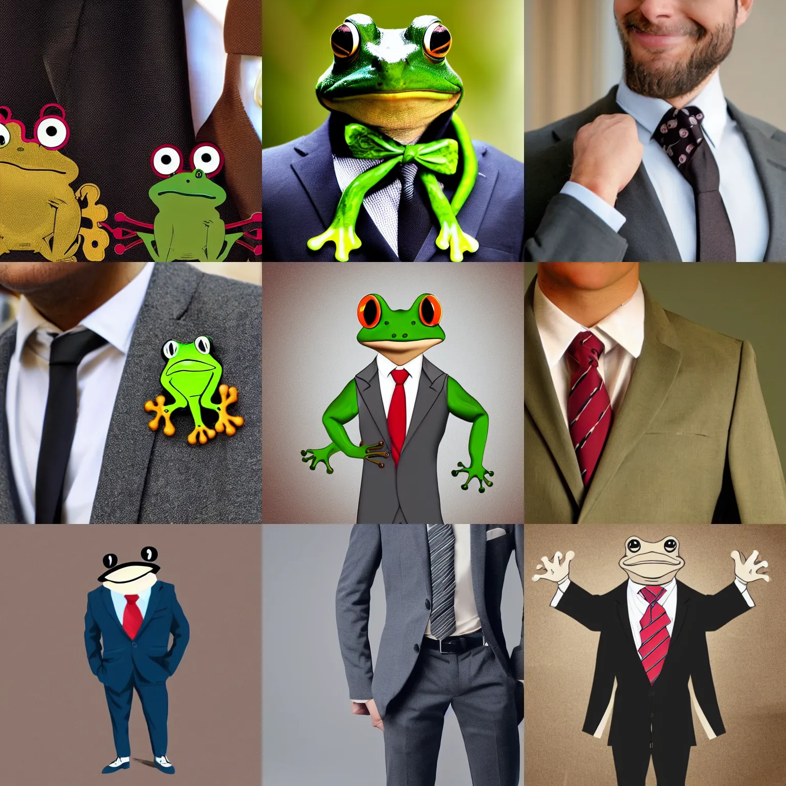 Prompt: a frog wearing a suitcoat and tie