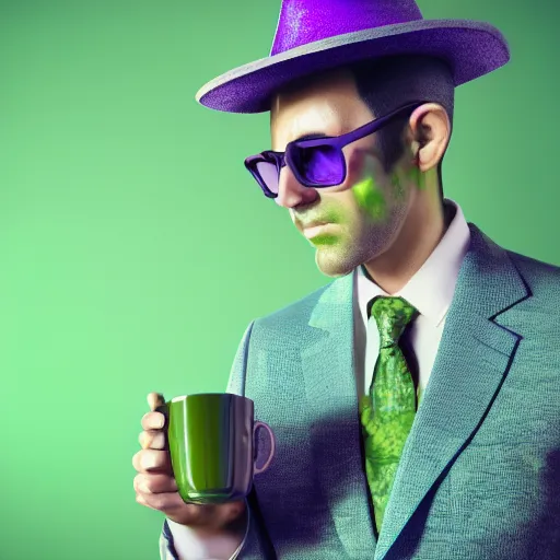 Image similar to man in green suit, with green hat, drinking tea, purple undershirt, Wearing Shades, Galaxy background, highly detailed, octane render