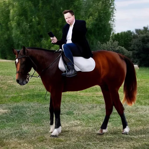 Image similar to elon musk riding a horse while reading a book, hd photograph