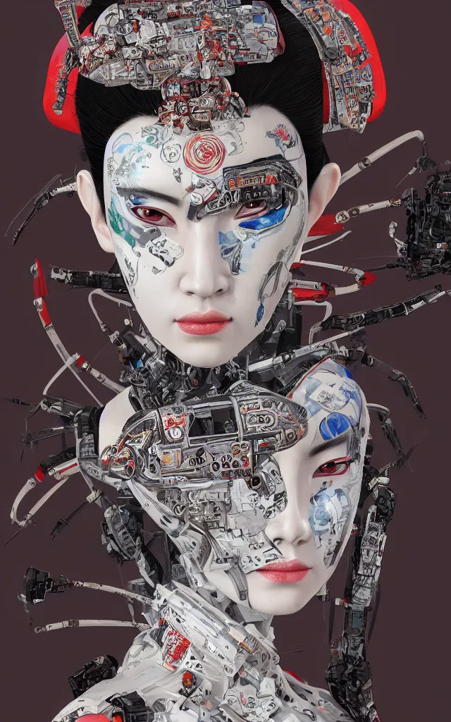Image similar to an epic fantastic realism comic book style portrait painting of a japanese robotic : akira geisha with chinese pattern tattoos and decals, 云 雷 纹, 蟒 纹, inspired by the lord of ghost in the shell, octane render, intricate detail, 8 k hd, unreal engine 5, ex machina, irobot