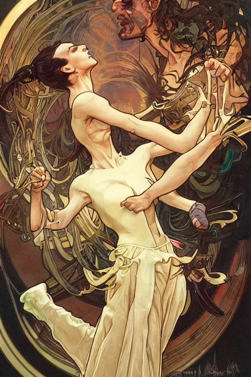 Image similar to the dayman fighting the nightman. art by artgerm and greg rutkowski and alphonse mucha and tomacz alen kopera.