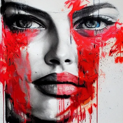 Image similar to portrait of margot robbie with two faces covered with red dripping paint, artwork by guy denning and charlie bowater,