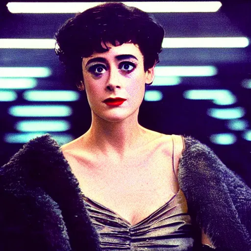 Image similar to close up portrait of a young sean young as rachael tyrell in blade runner at tyrell headquarters photographed by annie leibovitz, artdeco, cyberpunk, colorful!, nighttime!, raining!