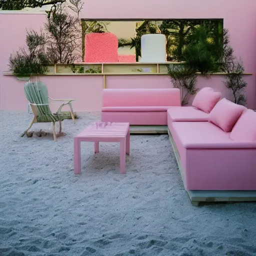 Prompt: An ultra high definition, professional photograph of an outdoor partial IKEA showroom inspired sculpture located on a pastel pink beach ((with pastel pink, dimpled sand where every item is pastel pink. )) The sun can be seen rising through a window in the showroom. The showroom unit is outdoors and the floor is made of dimpled sand. The showroom unit takes up 20% of the frame. Morning time indirect lighting with on location production lighting on the showroom. In the style of wallpaper magazine, Wes Anderson.