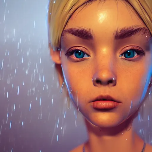 Image similar to cartoon portrait, realistic, highly detailed, neon, rendered in octane, unreal engine, rain, beautiful, trending on artstation, emotional