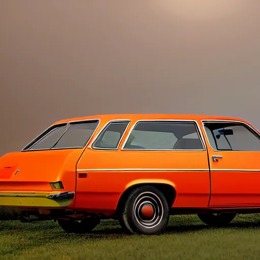 Image similar to 1 9 7 3 ford pinto stationwagon, orange - yellow color, wide - angle lens, dramatic lighting, cool marketing photo