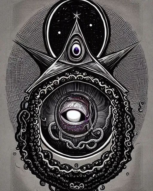 Prompt: photorealistic gothic witchcraft occult illuminate all seeing eye with tentacles, necronomicon, cosmic, by brom