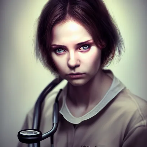 Image similar to I've had a rough day, healthcare worker, nurse, perfect eyes, full body shot, portrait, sad, tiredfantasy, beautiful face, medieval, vivid colors, elegant, concept art, sharp focus, digital art, Hyper-realistic, 4K, Unreal Engine, Highly Detailed, HD, Dramatic Lighting by Brom, trending on Artstation