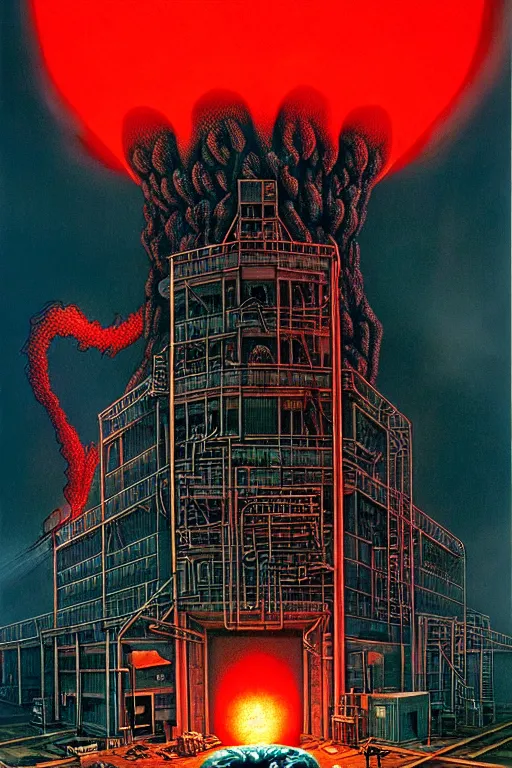 Image similar to a hyperrealistic detailed painting of a code red emergency at the nuclear power plant, radioactive chimeric radiation monster eating the laboratory, action horror by chris cunningham and richard corben, highly detailed, vivid color,