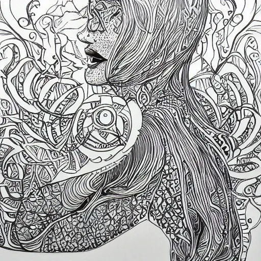 Image similar to escapism, detailed intricate sketch, 4k, illustration, cross hatched, black ink on white paper