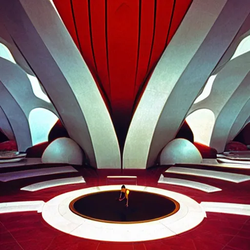 Image similar to interior of a futuristic lotus temple with gold, red and white marble panels, in the desert, by buckminster fuller and syd mead, intricate contemporary architecture, photo journalism, photography, cinematic, national geographic photoshoot