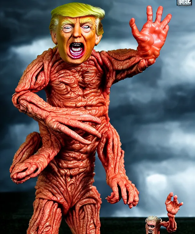 Image similar to hyperrealistic rendering, epic boss battle, cronenberg flesh monster donald trump, by art of skinner and richard corben, product photography, collectible action figure, sofubi, hottoys, storm clouds, outside, lightning