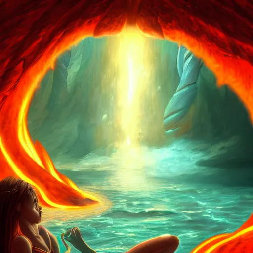 Prompt: commission of a beautiful digital painting of a feminine dragoness bathing in lava, atmospheric lighting, concept art, detailed, trending on artstation