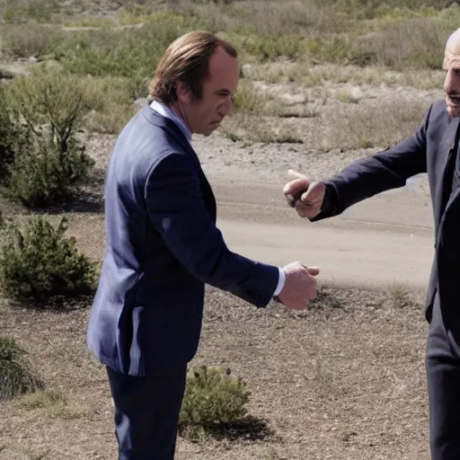 Prompt: saul goodman giving a handshake to walter white