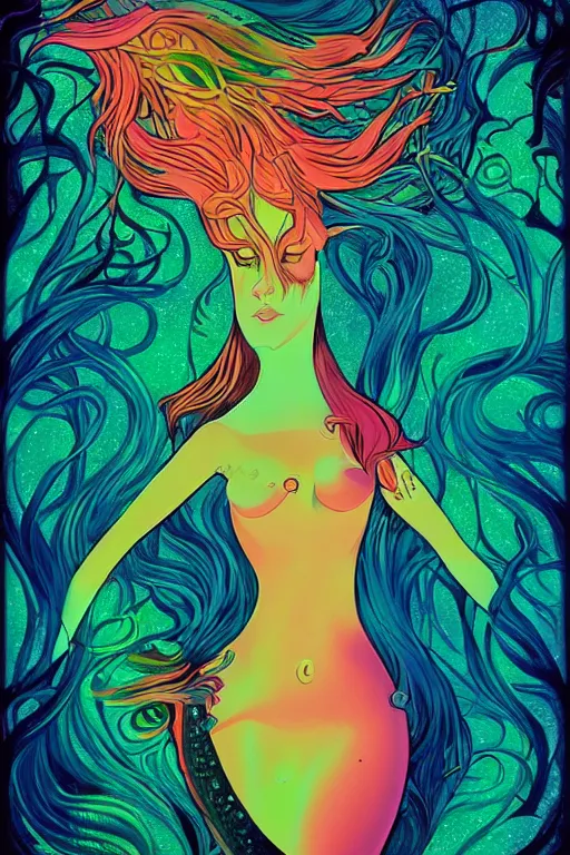 Prompt: a beautiful psychedelic mermaid with a beautiful fin, symmetrical features, cinematic lighting, soft bokeh, fantasy, modern, colourful, highly detailed, digital painting, artstation, deviantart, concept art, sharp focus, illustration, by alphonse eyvind earle