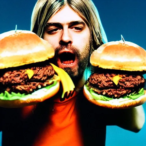 Prompt: kurt cobain eating an enormous hamburger, octane render, terry richardson, 8 k, high detail