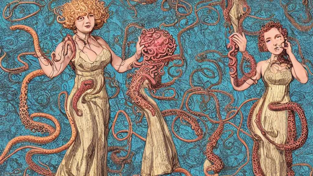 Image similar to aged paper, colorful character sheet for a stocky alien extraterrestrial female servant maid with thick snake - like tentacles instead of hair, long dress with apron, ernst haeckel, coherent, illustration, digital art, trending on artstation, hd, 8 k, good lighting, beautiful, rough paper, masterpiece