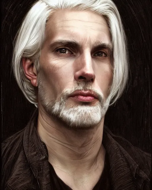 Image similar to portrait of 4 0 - year - old man with white hair with a pale complexion, pointed face and grey eyes, clear smooth face, no beard wearing black clothes, hyper realistic face, beautiful eyes, close up, fantasy art, in the style of greg rutkowski, intricate, alphonse mucha, hyper detailed, smooth